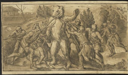 Chasse à l'ours - estampe, 1555, Floris Frans