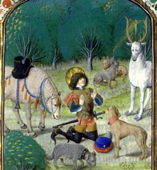 hubert le prévost, légende de saint-hubert, vision de saint-hubert, paris, bnf, dép des manuscrits, français 424 folio 9